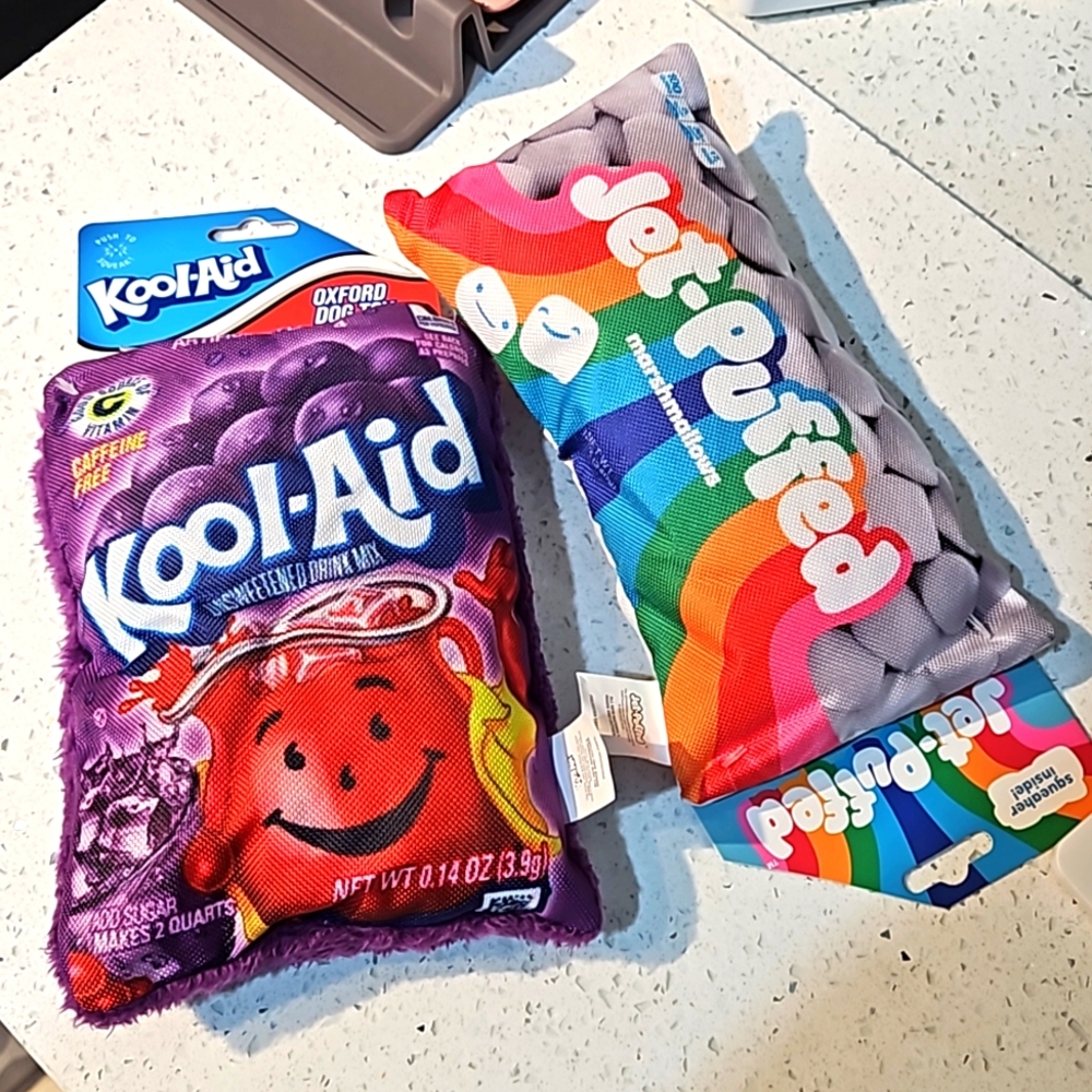 2 LARGE KOOL-AID AND JET-PUFFED SQUEAKABLE FUR DOG TOYS